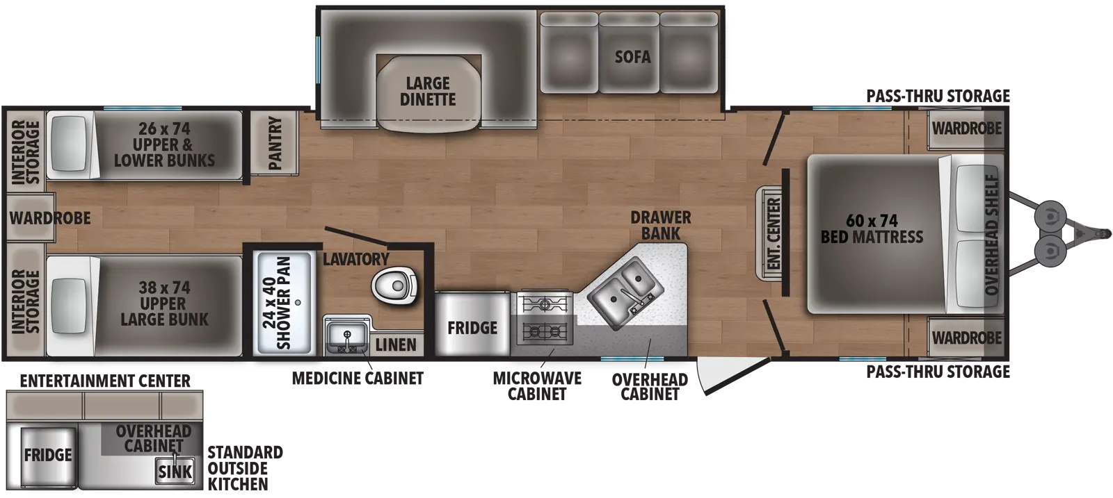 The Shasta 31OK floorplan has one entry and one slide out. Exterior features include: metal exterior and outside kitchen. Interiors features include: bunk beds, u-dinette and front bedroom.